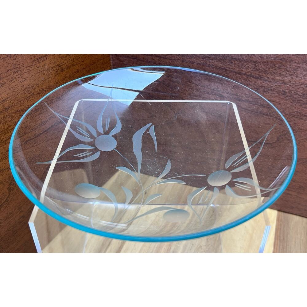 Vintage Delicate Floral Etched Low Glass Bowl Lens Frosted Decorative Whimsy